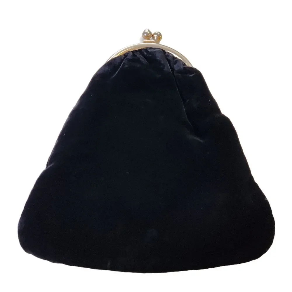 Vintage Black Velvet Fold Over Clutch Evening Bag Rhinestone Clip Frame Retro